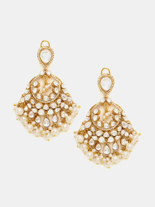 Ruby Raang Gold Polished White Chand Kundan Earrings | Swadesiicart