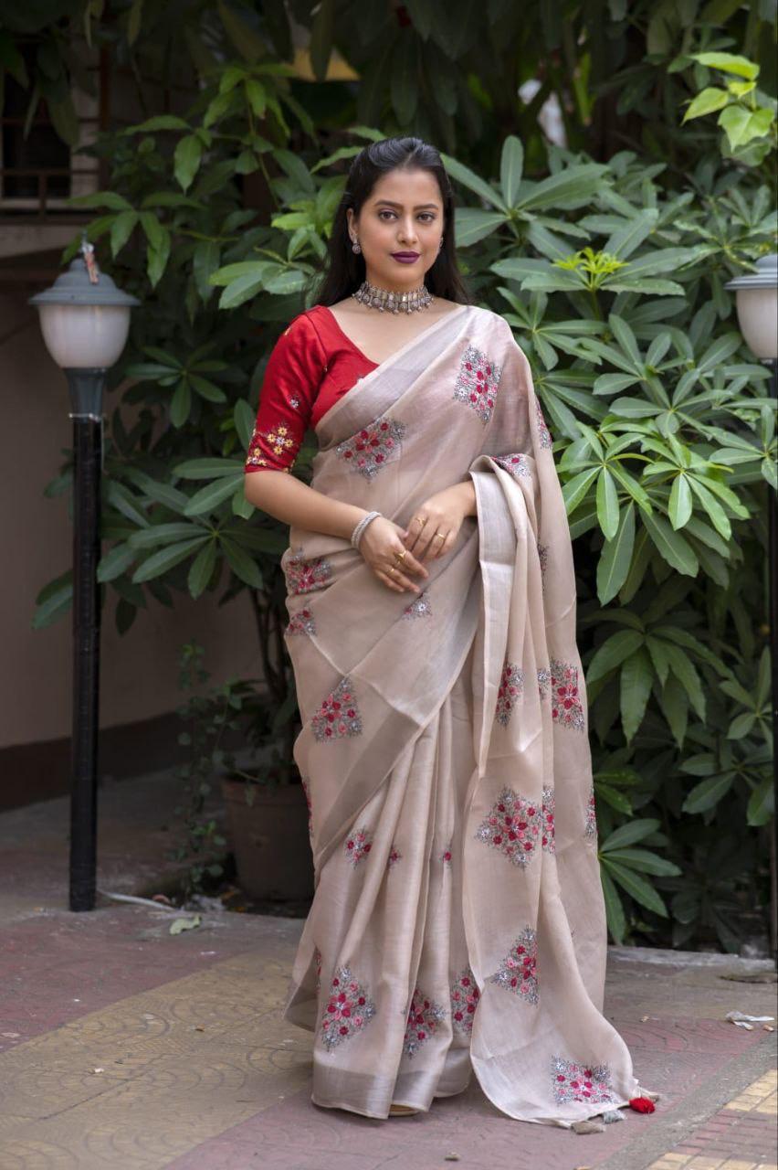 Fossil Pure Linen Ethnic Motifs Saree with Unstitched Blouse - Hiral Fashion | Swadesiicart