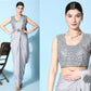 Grey Imported Crush Lycra Texture Pattern Ready to Wear Saree with stitched Blouse - Nirvana | Swadesiicart