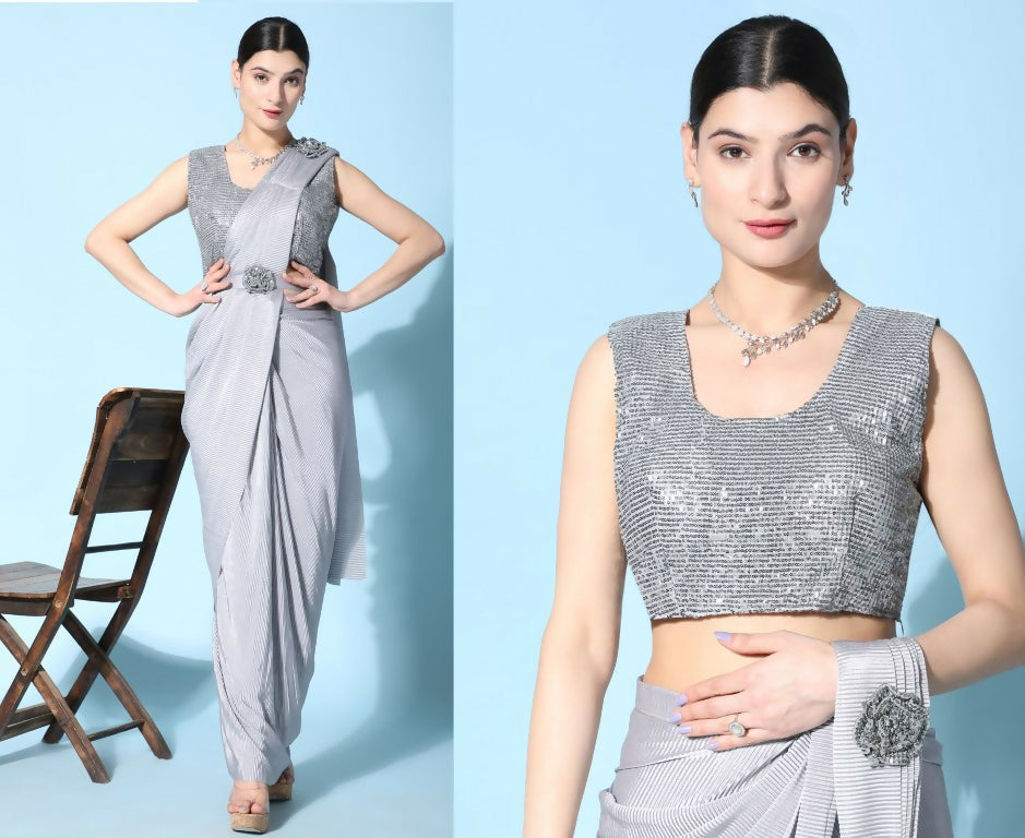 Grey Imported Crush Lycra Texture Pattern Ready to Wear Saree with stitched Blouse - Nirvana | Swadesiicart