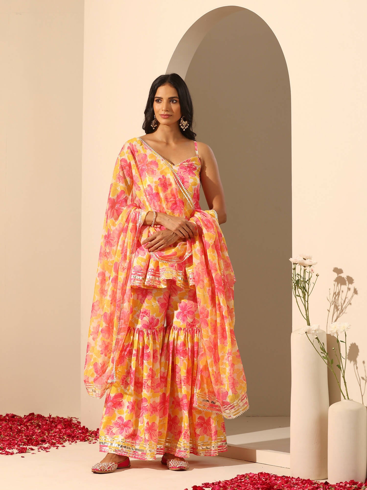 Pomcha Jaipur Yellow Gul Rangrez Sharara Set | Swadesiicart