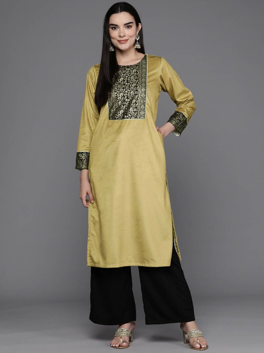 Ahalyaa Women Floral Yoke Design Gotta Patti Velvet Kurta - Mustard Color | Swadesiicart