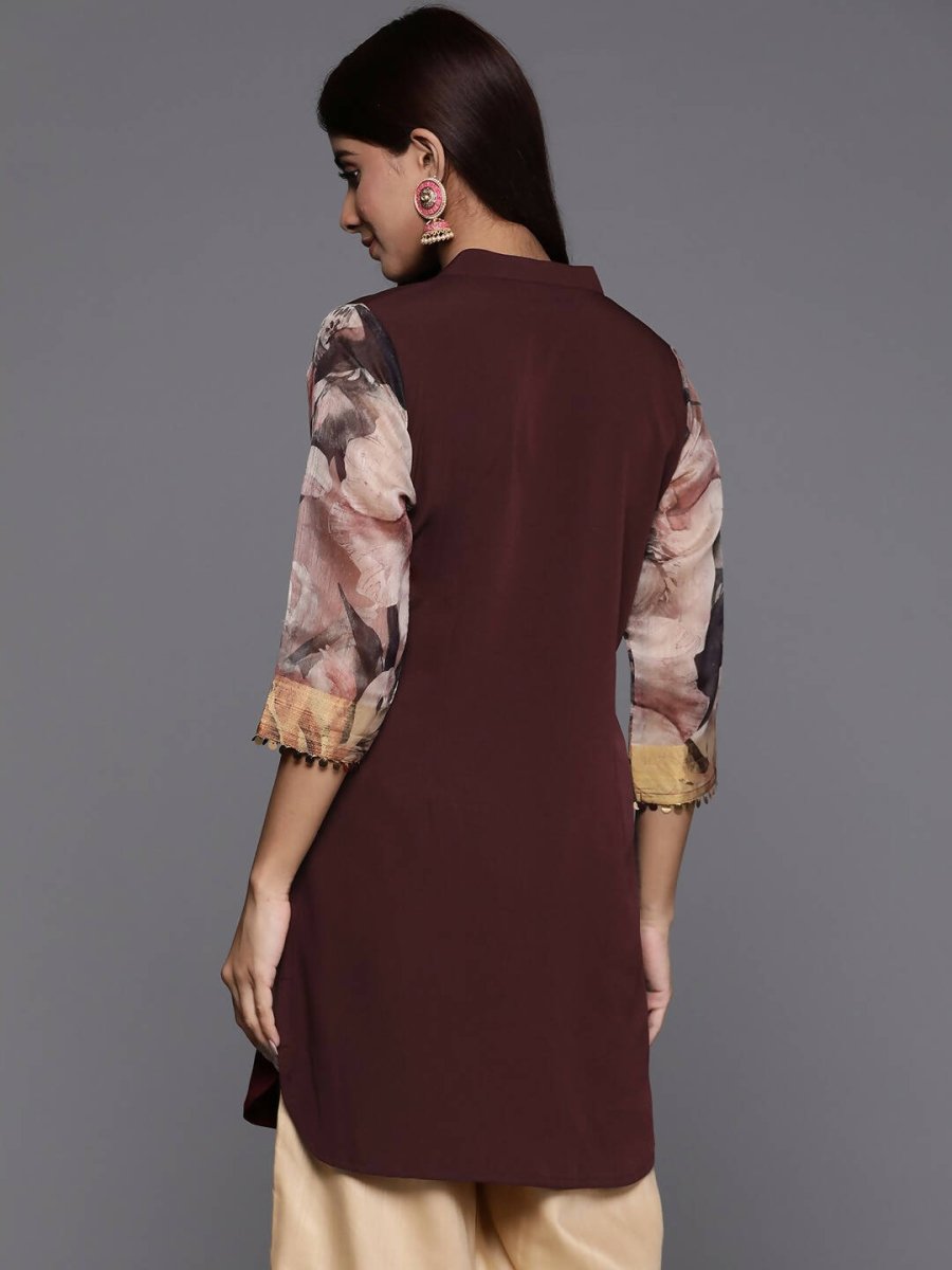 Ahalyaa Brown & Gold-Toned Mandarin Collar Printed Tunic - Brown Color | Swadesiicart