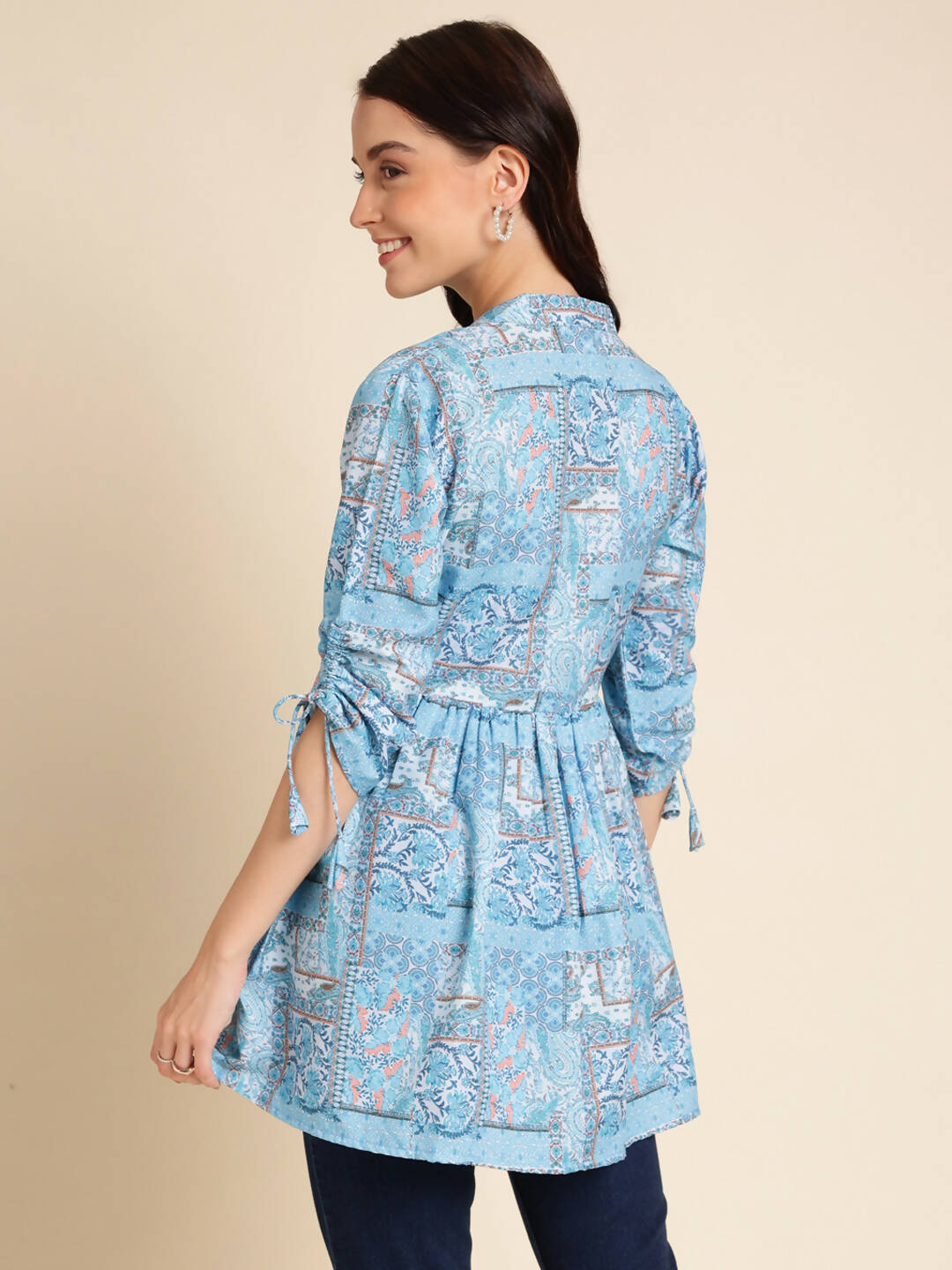 Light Blue Poly Rayon Digital Printed A-line Top - Tarini - Swadesiicart