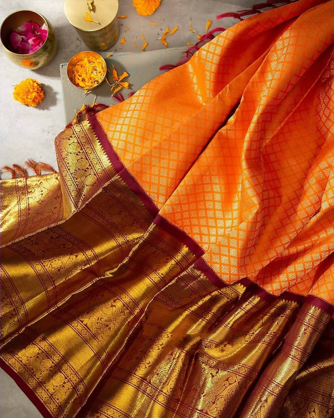 DEIANA'S Beautiful Designer Golden zari Soft Lichi Silk Saree - Orange - Swadesiicart