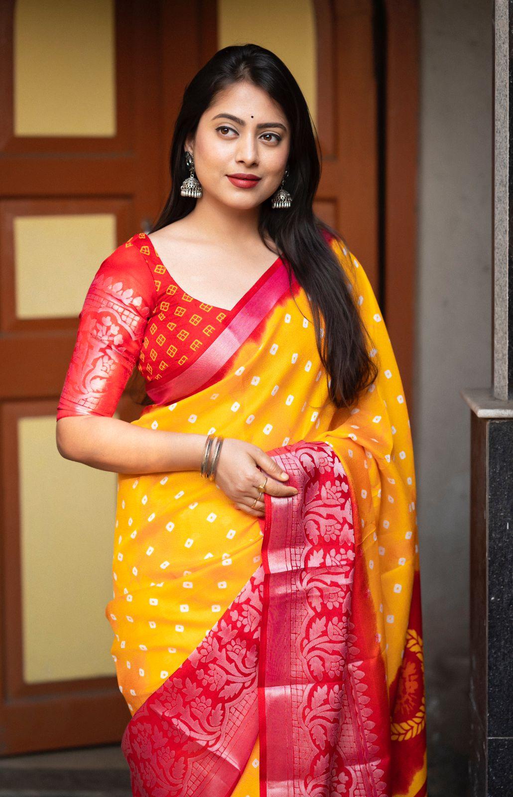 Yellow Jute Silk Printed Saree with Unstitched Blouse - Hiral Fashion | Swadesiicart