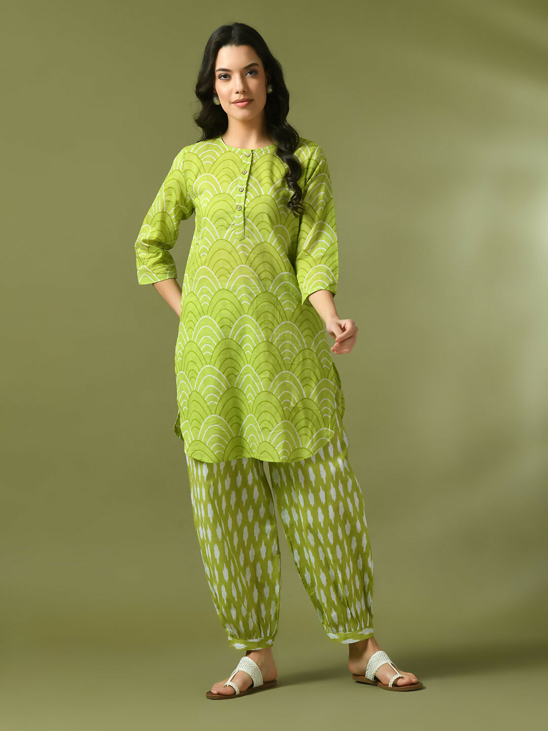 Myshka Women's Green Printed Cotton Round Neck Party Tunic With Trousers Co-ord set - Swadesiicart