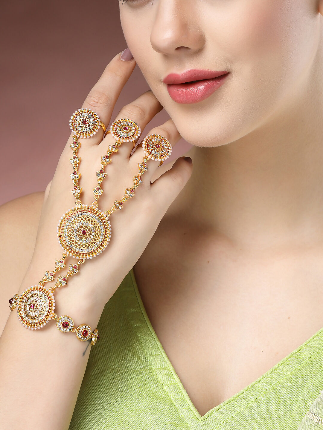 NVR Women's Gold-Polished CZ Stone-Studded Handcrafted Ring Bracelet - Swadesiicart