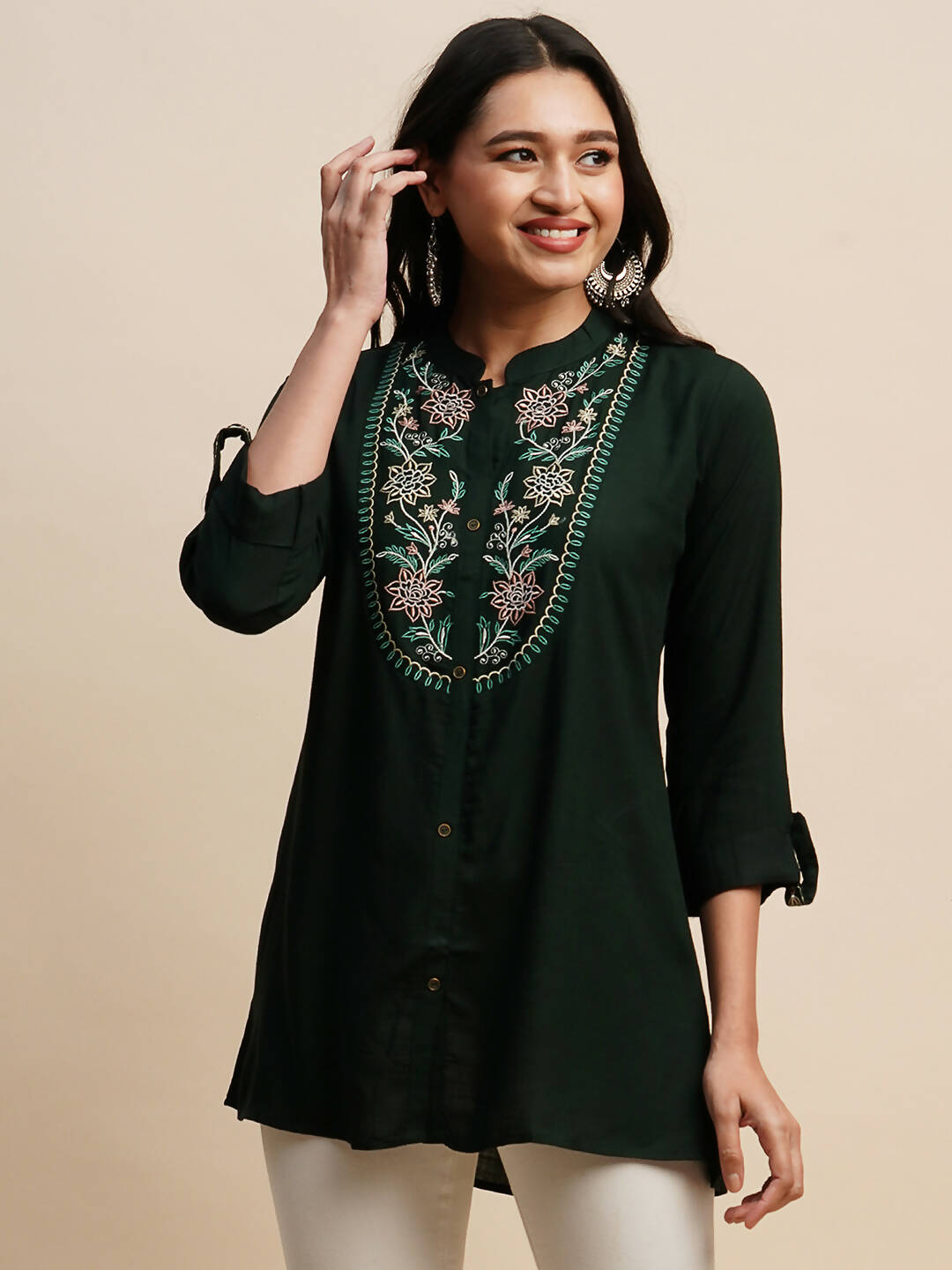 Dark Green Rayon Embroidered Top - Tarini - Swadesiicart
