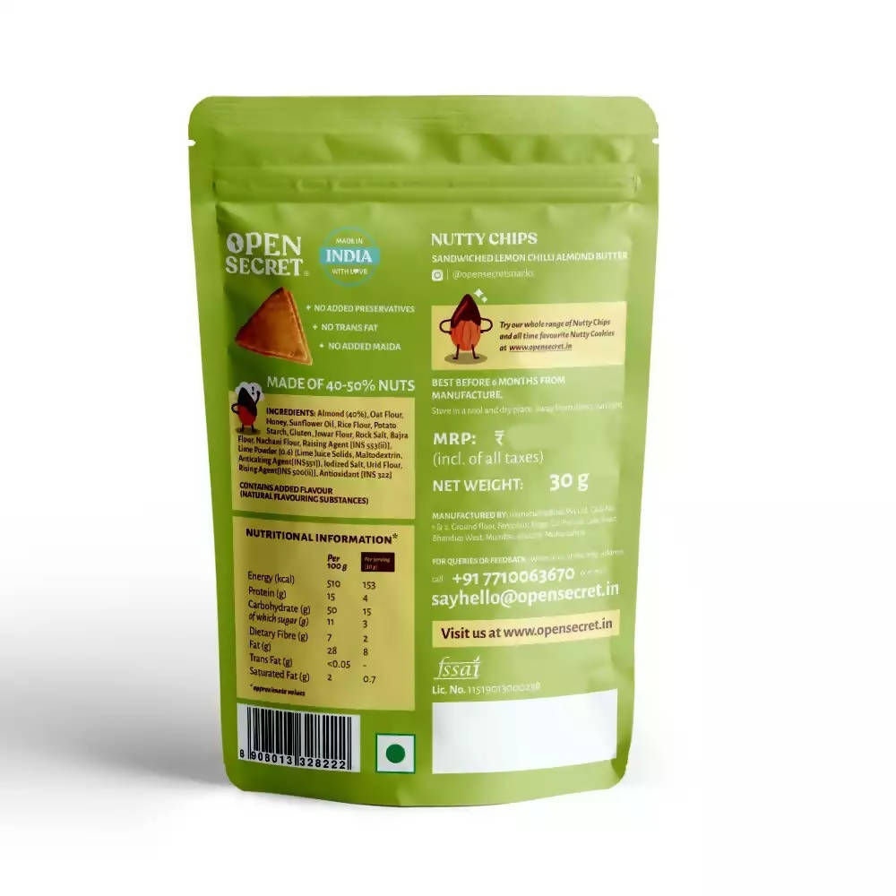 Open Secret Lemon Chilli Almond Butter Nutty Chips - Swadesiicart