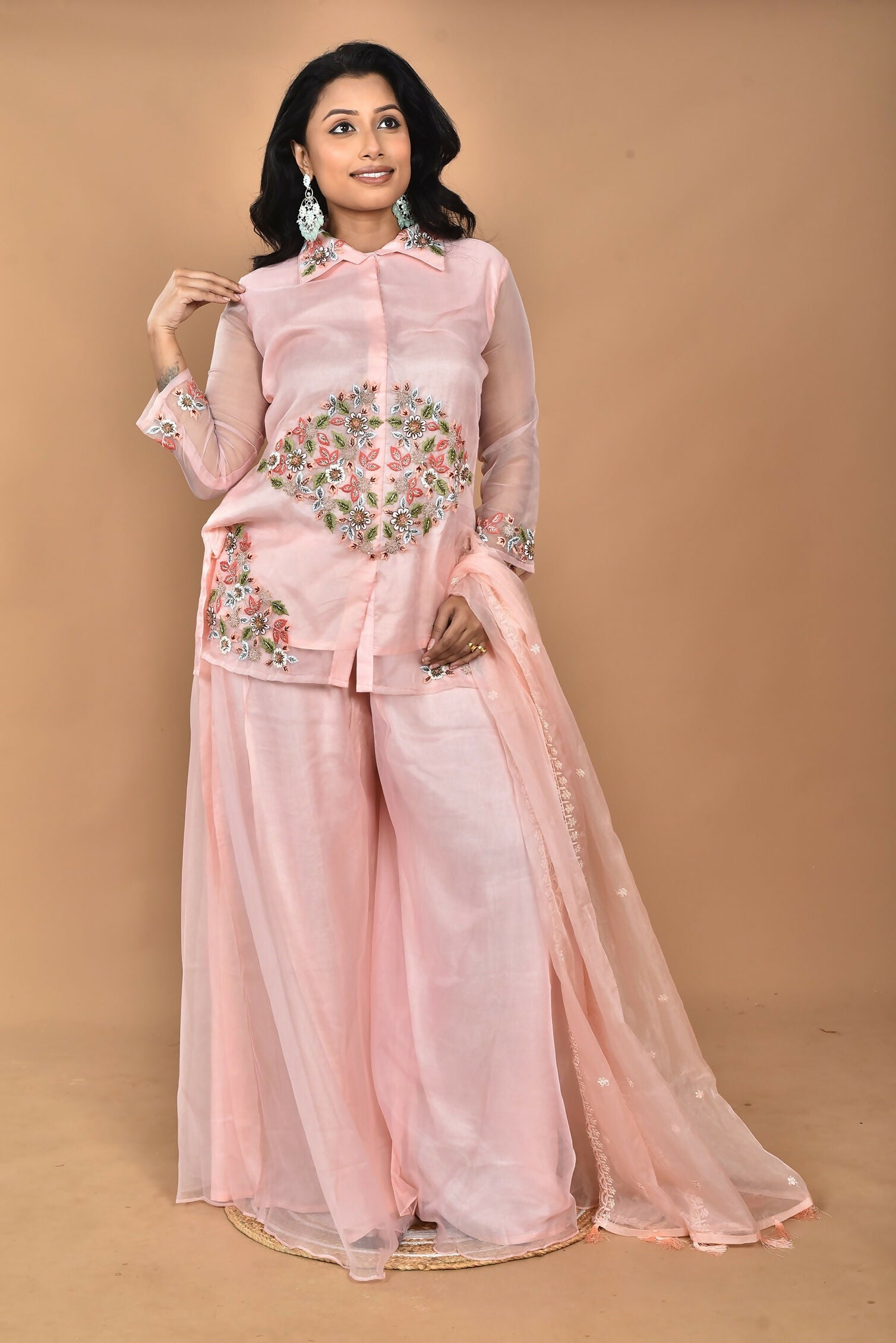 Morchari Women And Hand Embroidery Palazzo Set-Peach - Swadesiicart
