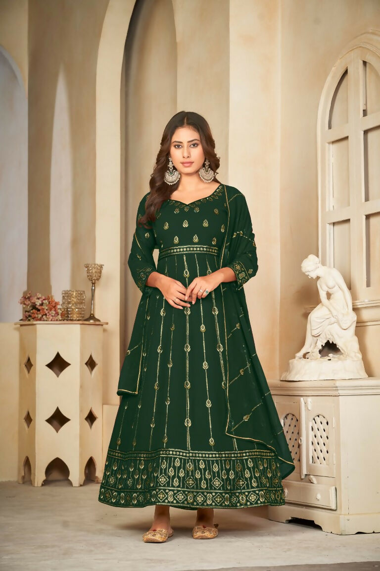 Jyoti Fashion Women's Bottle Green Georgette Embroidered Anarkali Kurta Pant Set With Dupatta | Swadesiicart
