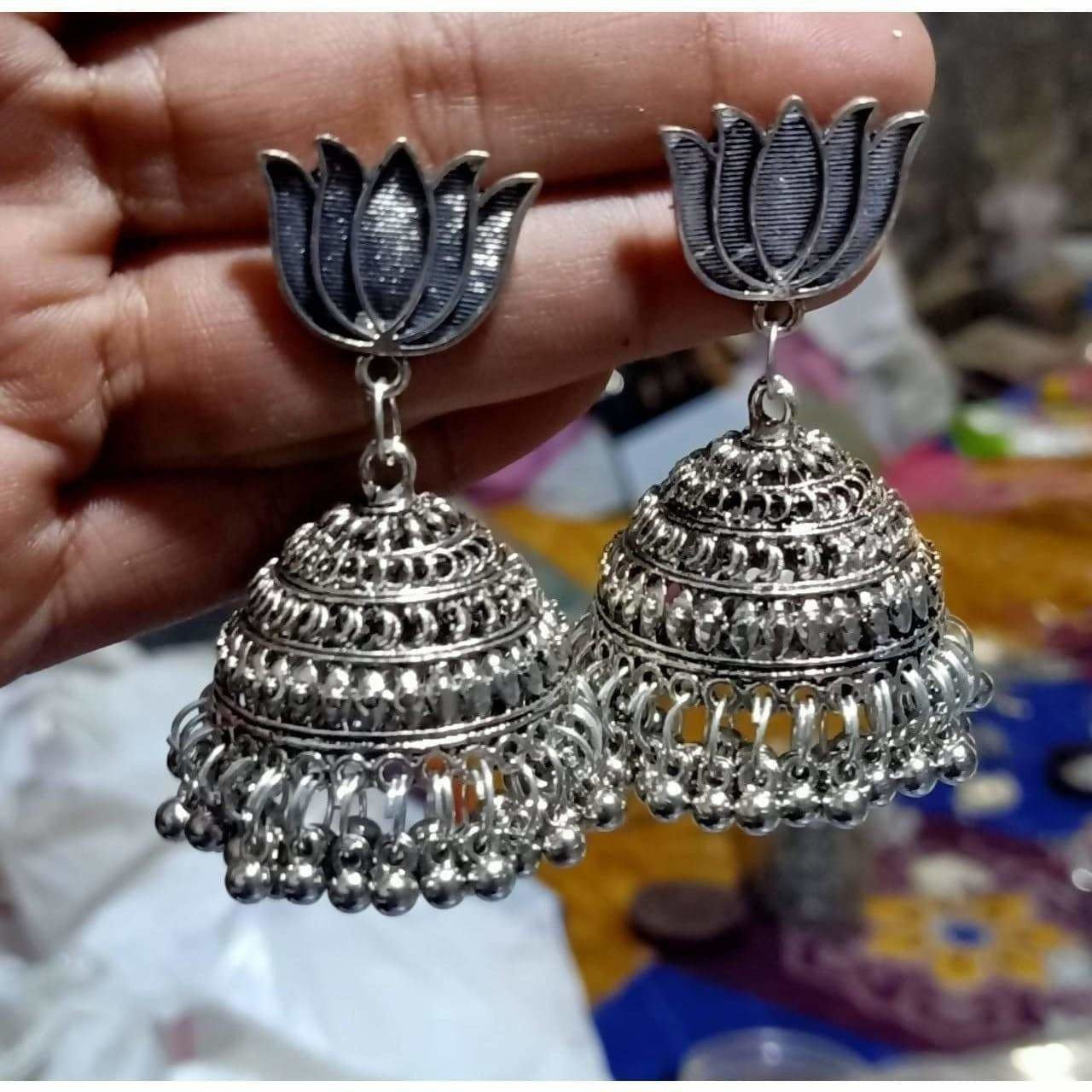 MS Fashion India Lotus Design Traditional Tribal Oxidized Silver Jhumka Earrings | Swadesiicart