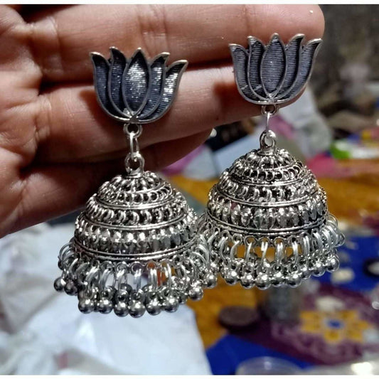 MS Fashion India Lotus Design Traditional Tribal Oxidized Silver Jhumka Earrings | Swadesiicart