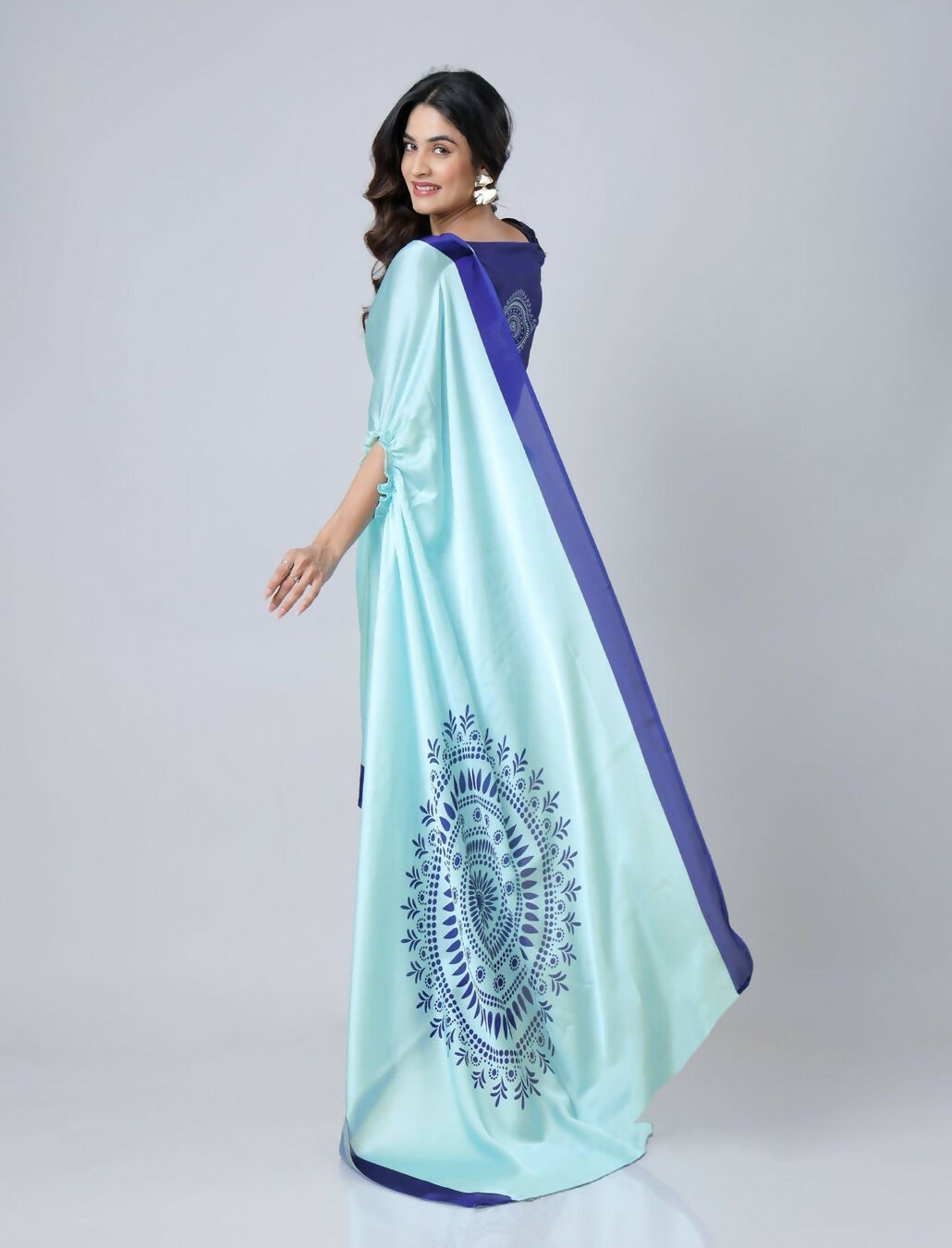 Vastranavya Sky Blue Mandala Print Free Hand Ready to Wear Saree | Swadesiicart