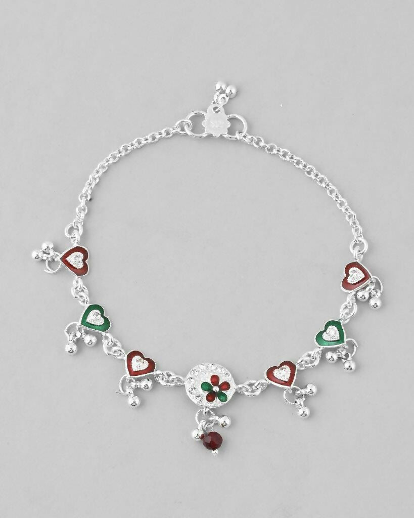 VOJ Set of 2 Stone Studded Heart Shaped Traditional Anklet - Swadesiicart