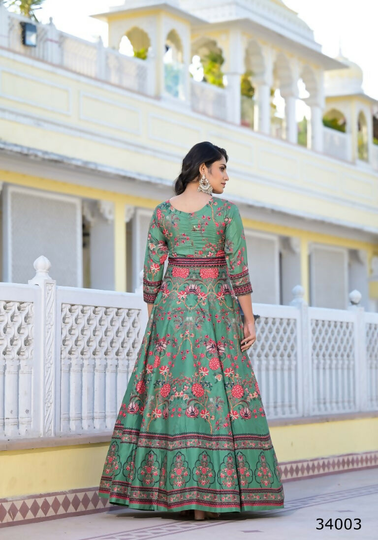 Partywear Designer parrot Dola Silk Anarkali suit with Dupatta - Suzen - Swadesiicart