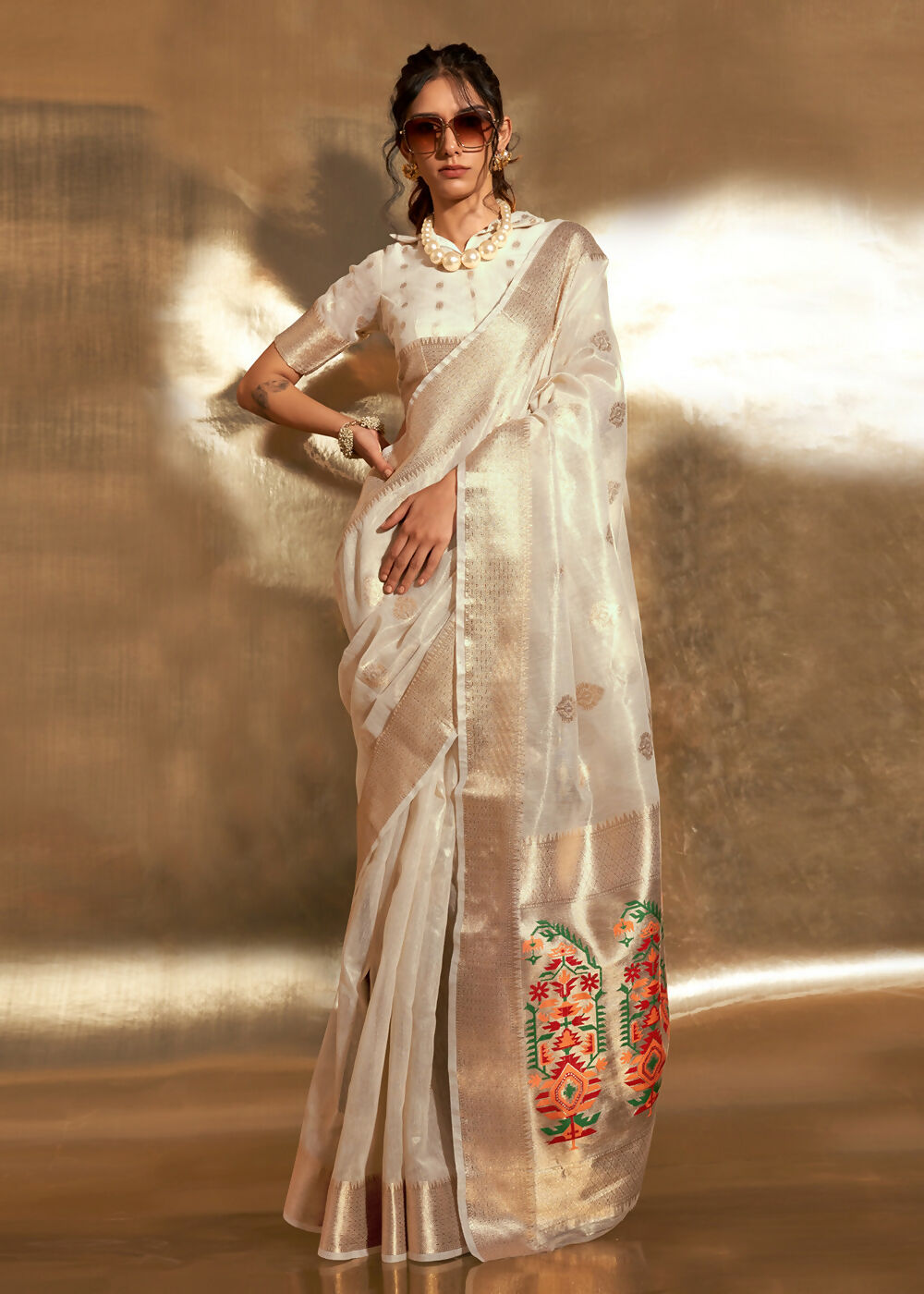 Off White Handwoven Tissue Fabric Festive & Party Style Saree - Emponline | Swadesiicart