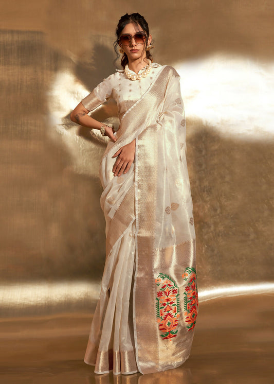 Off White Handwoven Tissue Fabric Festive & Party Style Saree - Emponline | Swadesiicart
