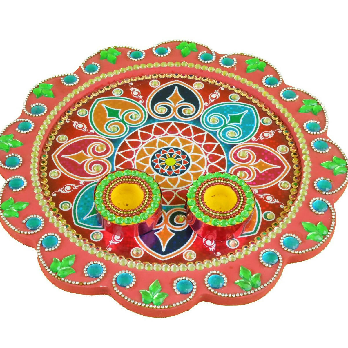 Kundan HandiKrafts Mdf Flower Pooja Thali - Red | Swadesiicart