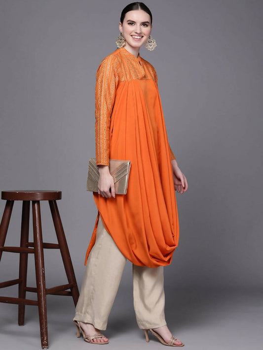 Ahalyaa Women Orange Ethnic Motifs Printed Crepe Cowl Kurta | Swadesiicart