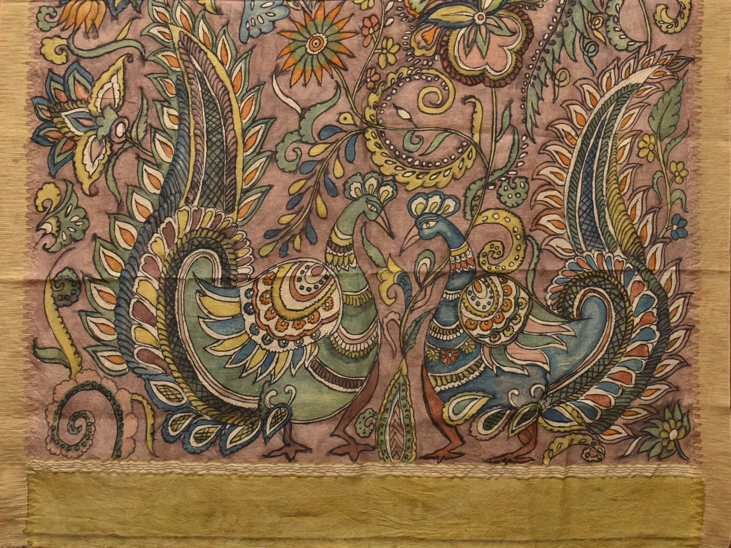 Multicolor Kalamkari Hand Painted Cotton Silk Handloom Saree With Exotic Floral and Peacocks Pallu Design - Global Threads | Swadesiicart