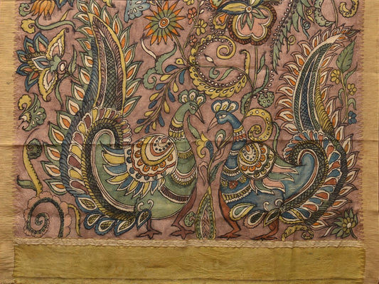 Multicolor Kalamkari Hand Painted Cotton Silk Handloom Saree With Exotic Floral and Peacocks Pallu Design - Global Threads | Swadesiicart