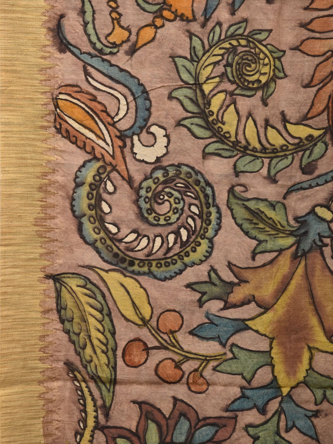 Multicolor Kalamkari Hand Painted Cotton Silk Handloom Saree With Exotic Floral and Peacocks Pallu Design - Global Threads | Swadesiicart