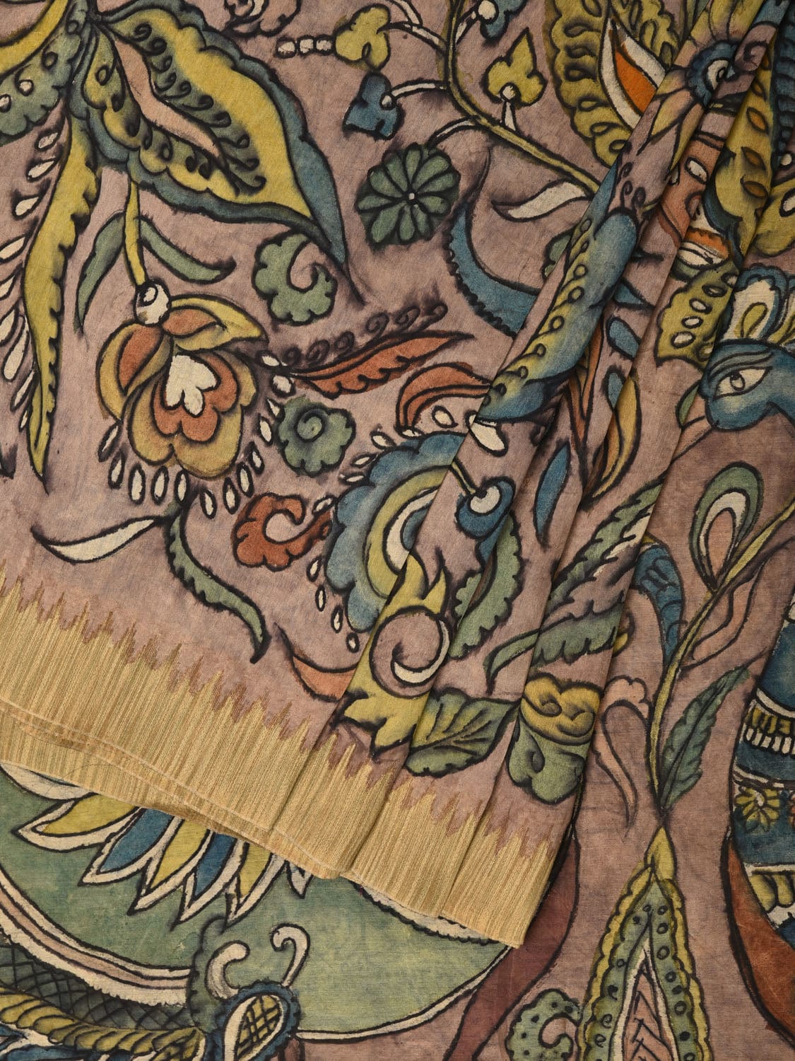 Multicolor Kalamkari Hand Painted Cotton Silk Handloom Saree With Exotic Floral and Peacocks Pallu Design - Global Threads | Swadesiicart