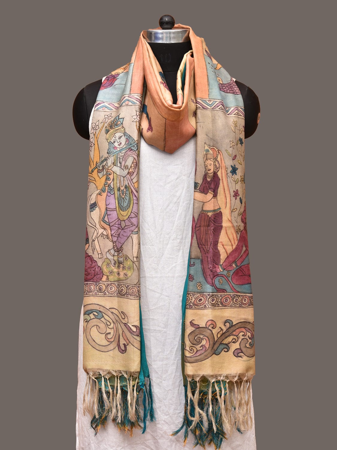 Multicolor Kalamkari Hand Painted Kanchipuram Silk Handloom Dupatta with Dashavatar Design - Global Threads | Swadesiicart