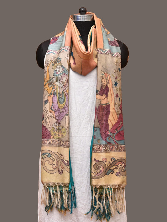 Multicolor Kalamkari Hand Painted Kanchipuram Silk Handloom Dupatta with Dashavatar Design - Global Threads | Swadesiicart