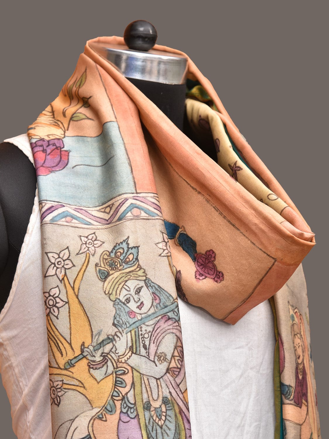 Multicolor Kalamkari Hand Painted Kanchipuram Silk Handloom Dupatta with Dashavatar Design - Global Threads | Swadesiicart