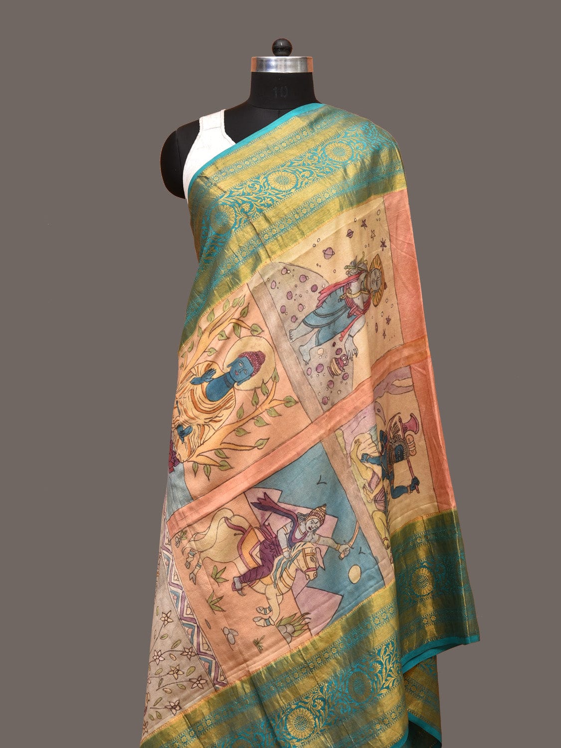 Multicolor Kalamkari Hand Painted Kanchipuram Silk Handloom Dupatta with Dashavatar Design - Global Threads | Swadesiicart