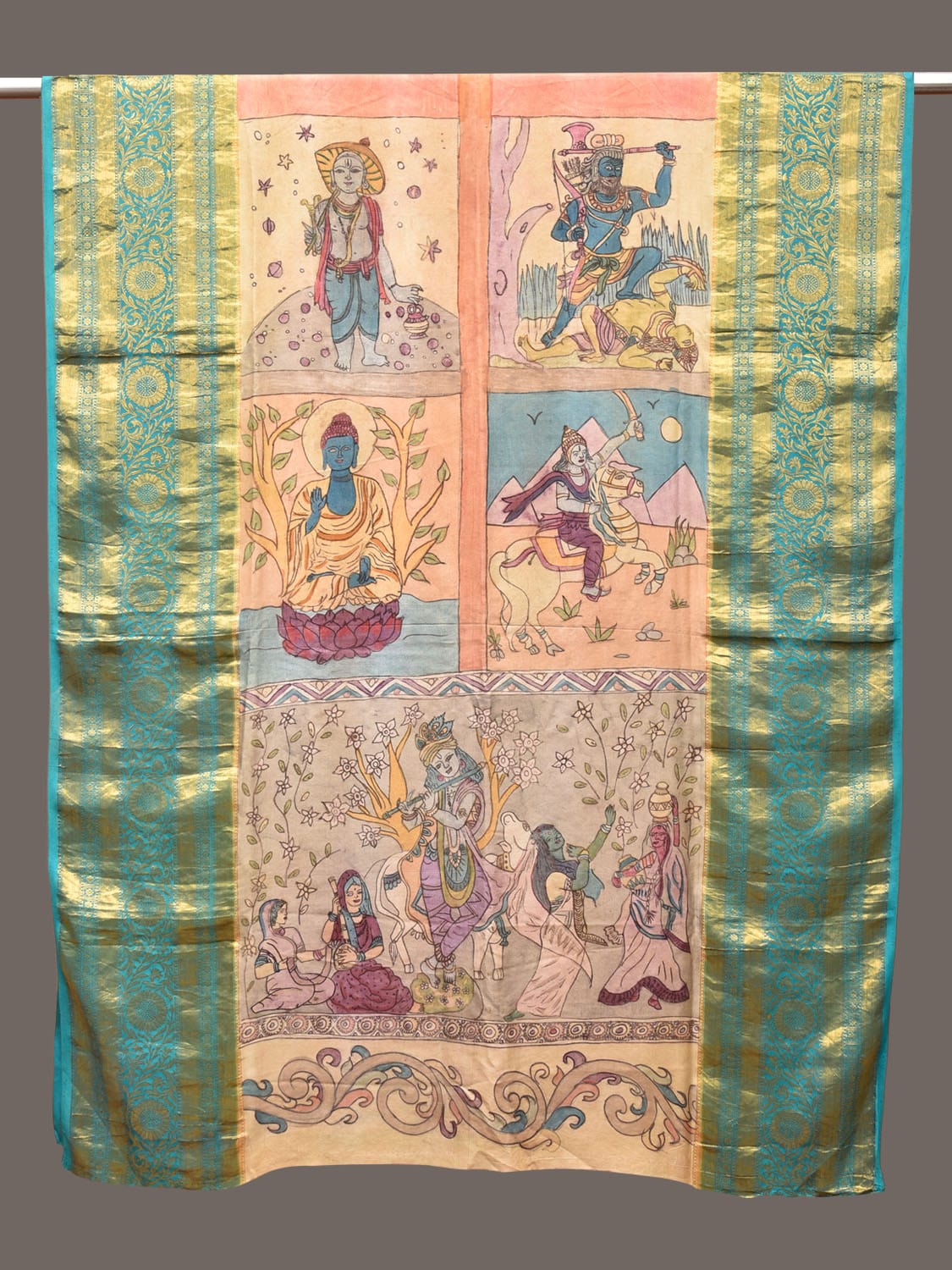 Multicolor Kalamkari Hand Painted Kanchipuram Silk Handloom Dupatta with Dashavatar Design - Global Threads | Swadesiicart