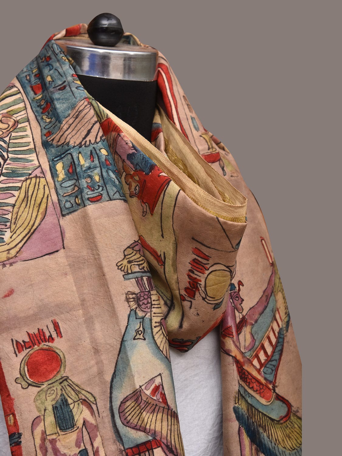 Multicolor Kalamkari Hand Painted Kanchipuram Silk Handloom Dupatta with Egyptian Design - Global Threads | Swadesiicart