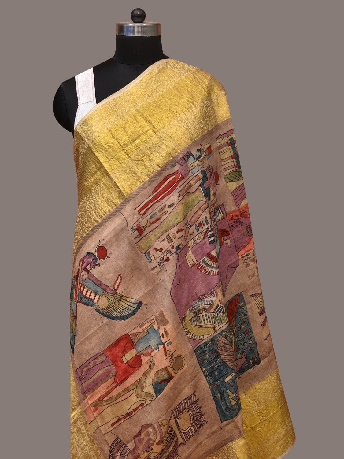 Multicolor Kalamkari Hand Painted Kanchipuram Silk Handloom Dupatta with Egyptian Design - Global Threads | Swadesiicart