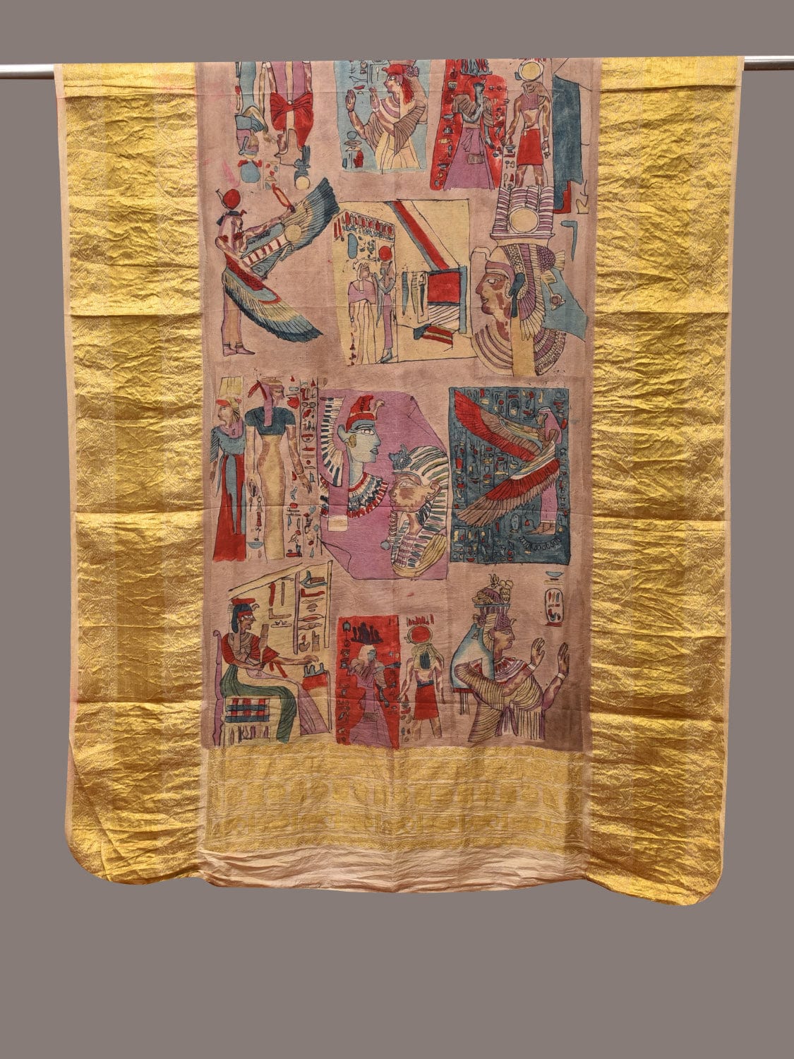 Multicolor Kalamkari Hand Painted Kanchipuram Silk Handloom Dupatta with Egyptian Design - Global Threads | Swadesiicart
