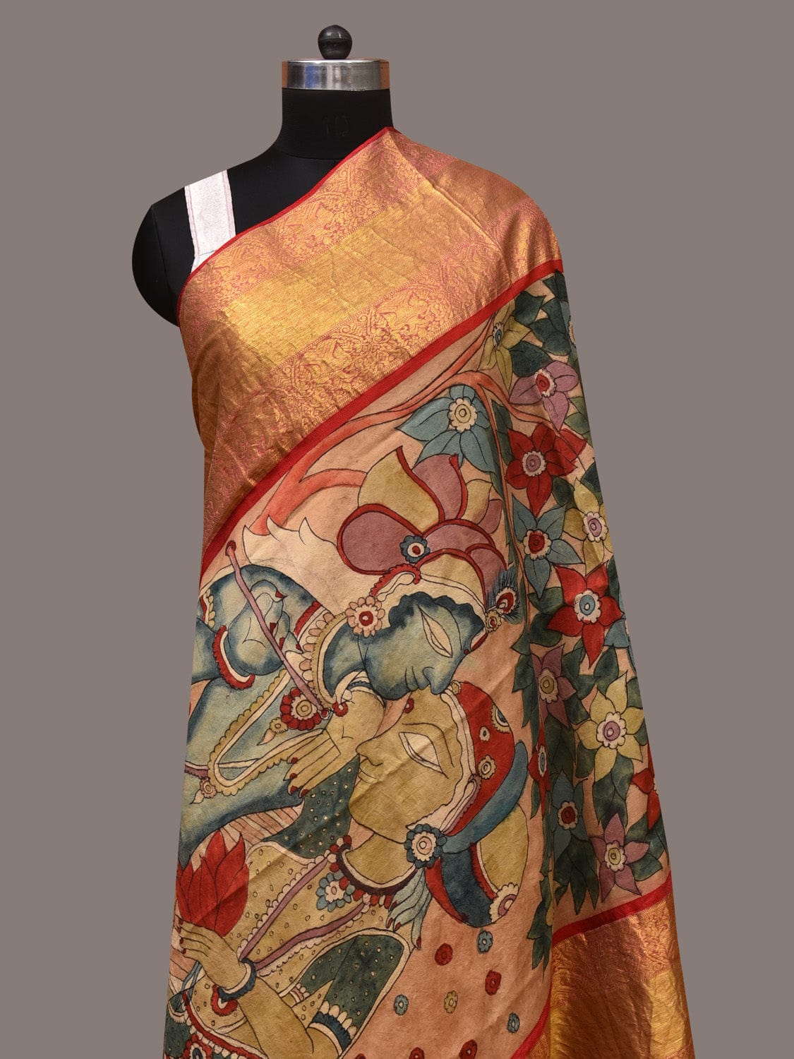 Multicolor Kalamkari Hand Painted Kanchipuram Silk Handloom Dupatta with Krishna Design - Global Threads | Swadesiicart