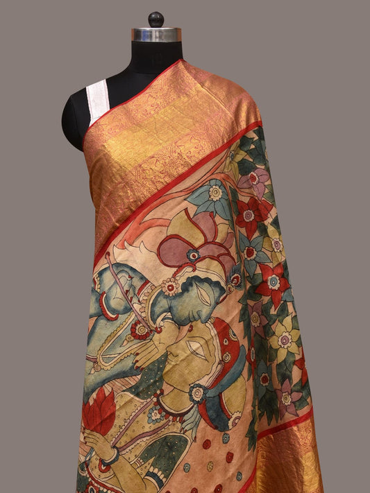 Multicolor Kalamkari Hand Painted Kanchipuram Silk Handloom Dupatta with Krishna Design - Global Threads | Swadesiicart