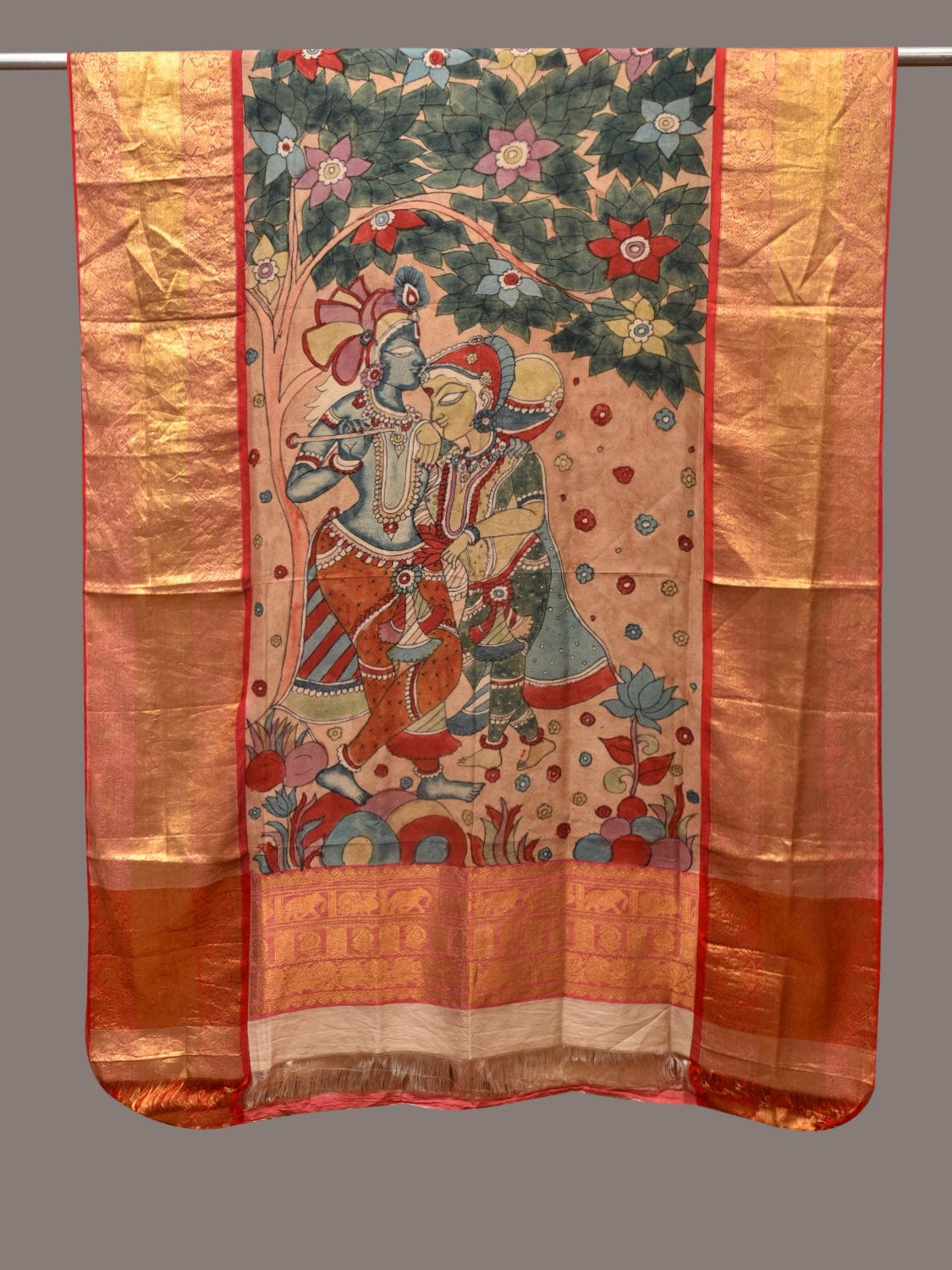Multicolor Kalamkari Hand Painted Kanchipuram Silk Handloom Dupatta with Krishna Design - Global Threads | Swadesiicart