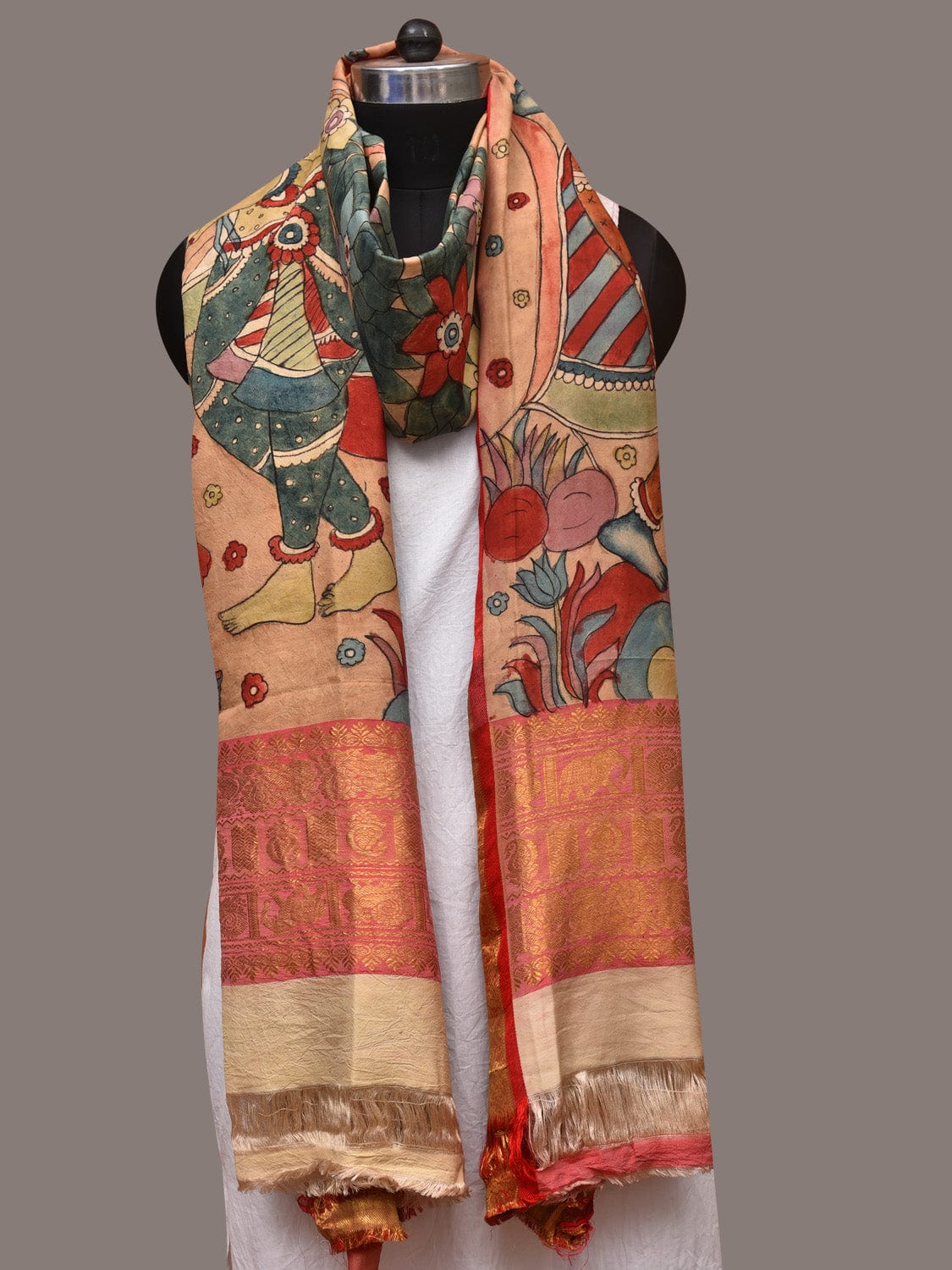 Multicolor Kalamkari Hand Painted Kanchipuram Silk Handloom Dupatta with Krishna Design - Global Threads | Swadesiicart