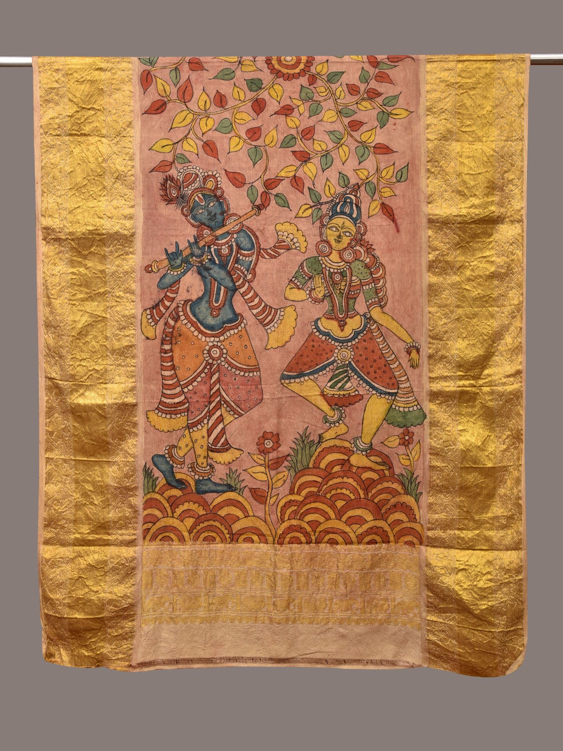 Multicolor Kalamkari Hand Painted Kanchipuram Silk Handloom Dupatta with Krishna Design - Global Threads | Swadesiicart