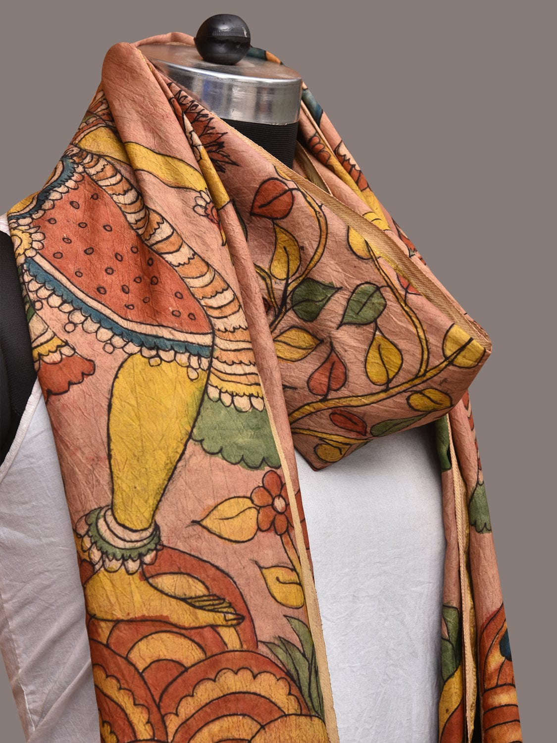 Multicolor Kalamkari Hand Painted Kanchipuram Silk Handloom Dupatta with Krishna Design - Global Threads | Swadesiicart
