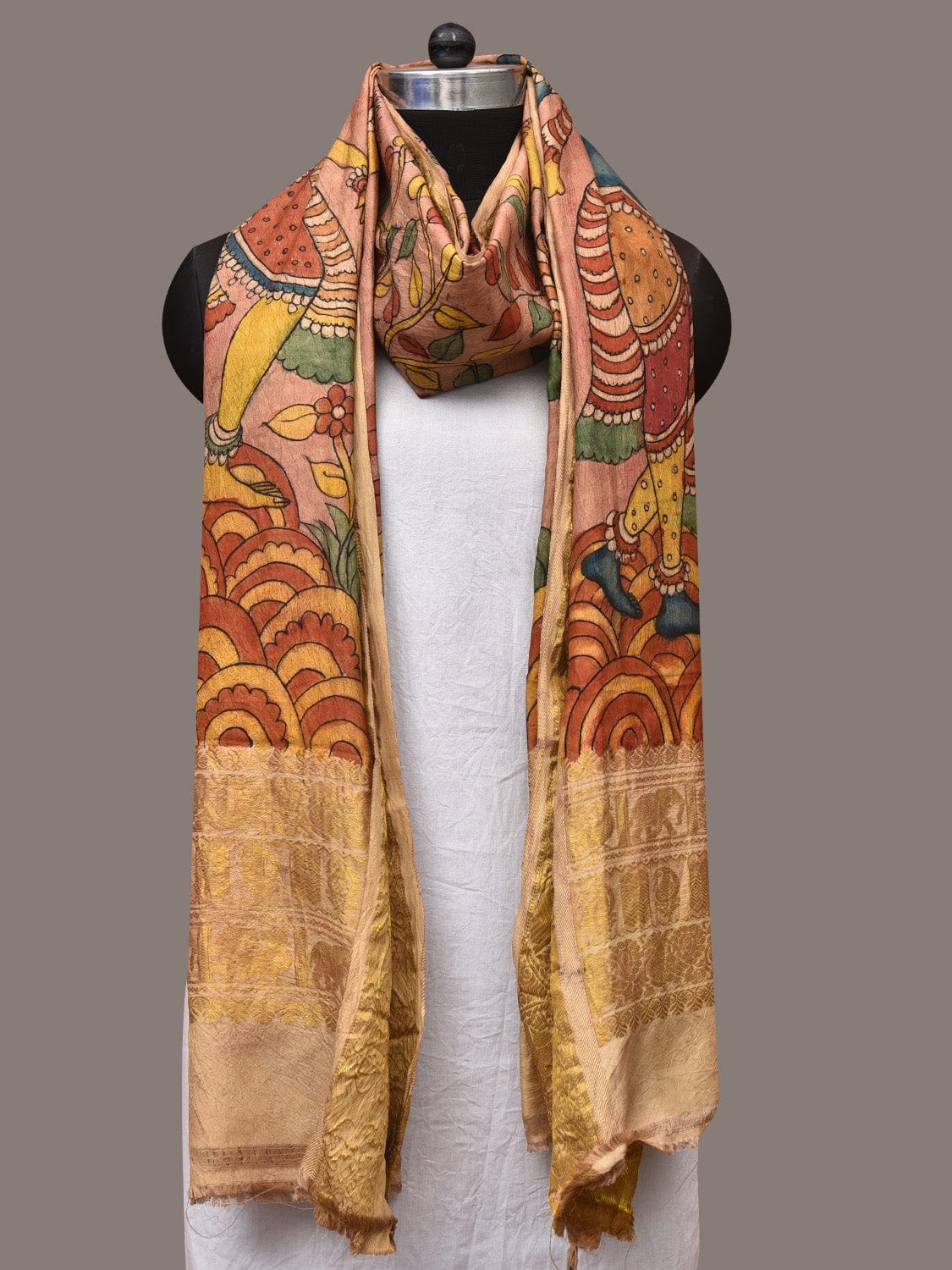 Multicolor Kalamkari Hand Painted Kanchipuram Silk Handloom Dupatta with Krishna Design - Global Threads | Swadesiicart