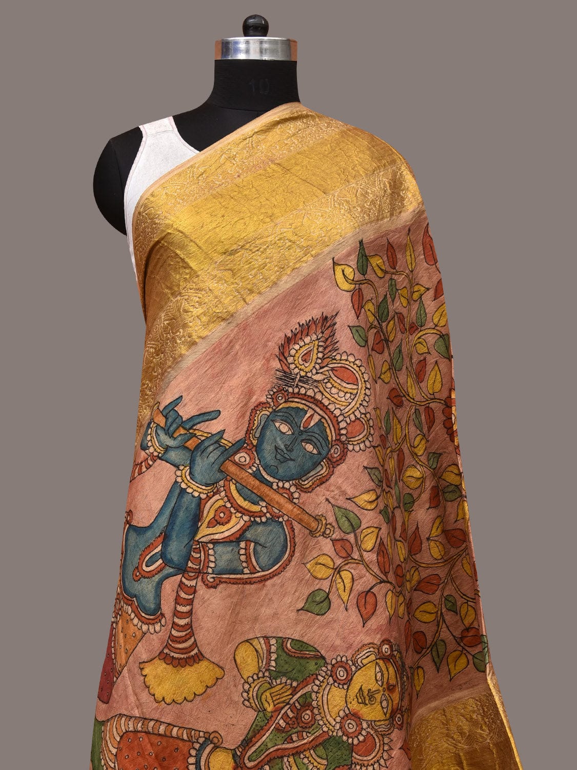 Multicolor Kalamkari Hand Painted Kanchipuram Silk Handloom Dupatta with Krishna Design - Global Threads | Swadesiicart