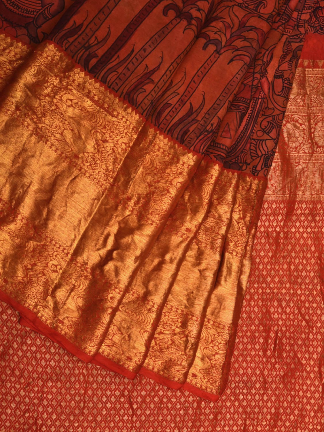 Multicolor Kalamkari Hand Painted Kanchipuram Silk Handloom Saree with Ramayana Design - Global Threads | Swadesiicart
