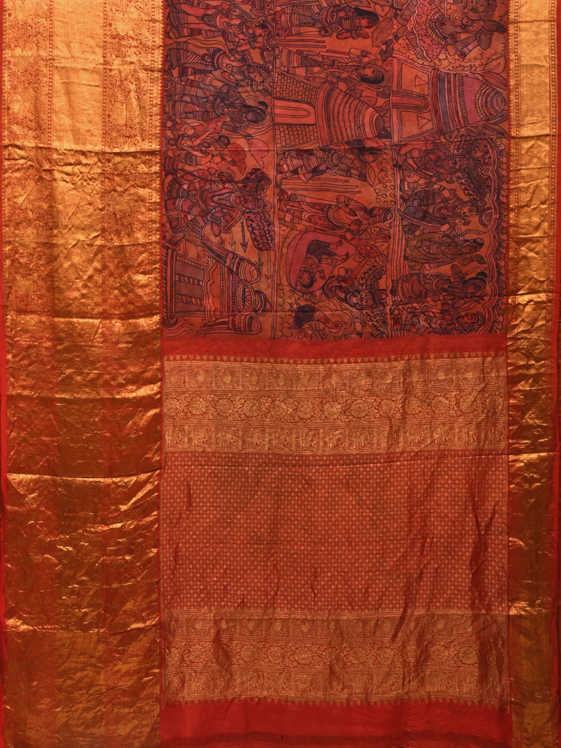 Multicolor Kalamkari Hand Painted Kanchipuram Silk Handloom Saree with Ramayana Design - Global Threads | Swadesiicart
