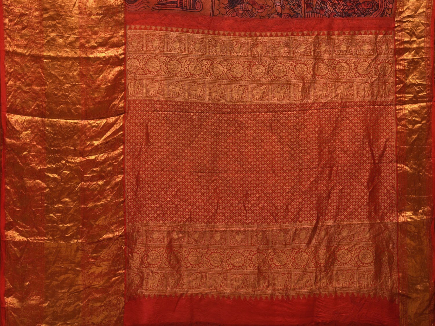 Multicolor Kalamkari Hand Painted Kanchipuram Silk Handloom Saree with Ramayana Design - Global Threads | Swadesiicart
