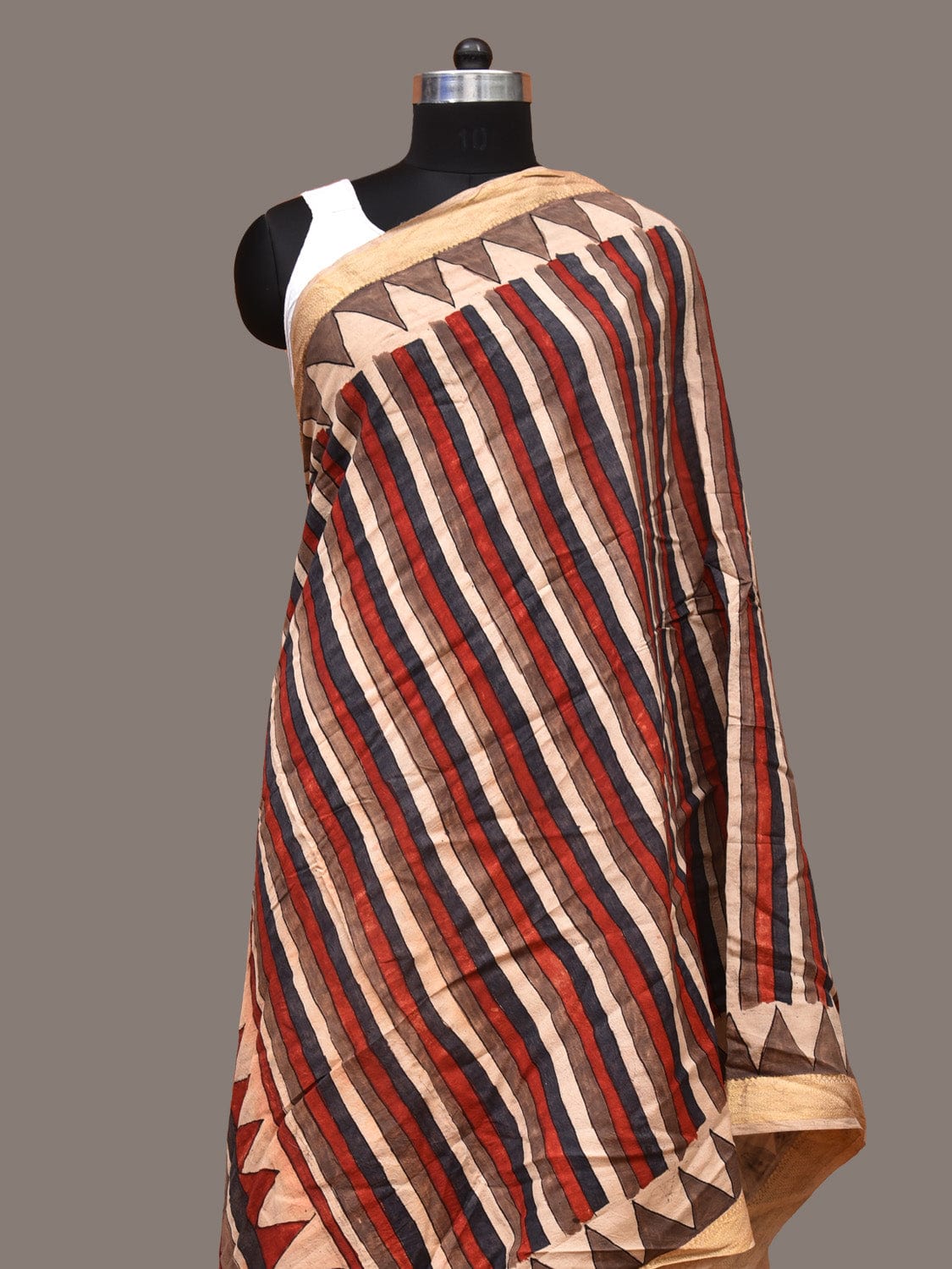Multicolor Kalamkari Hand Painted Sico Handloom Dupatta with Strips Design - Global Threads | Swadesiicart