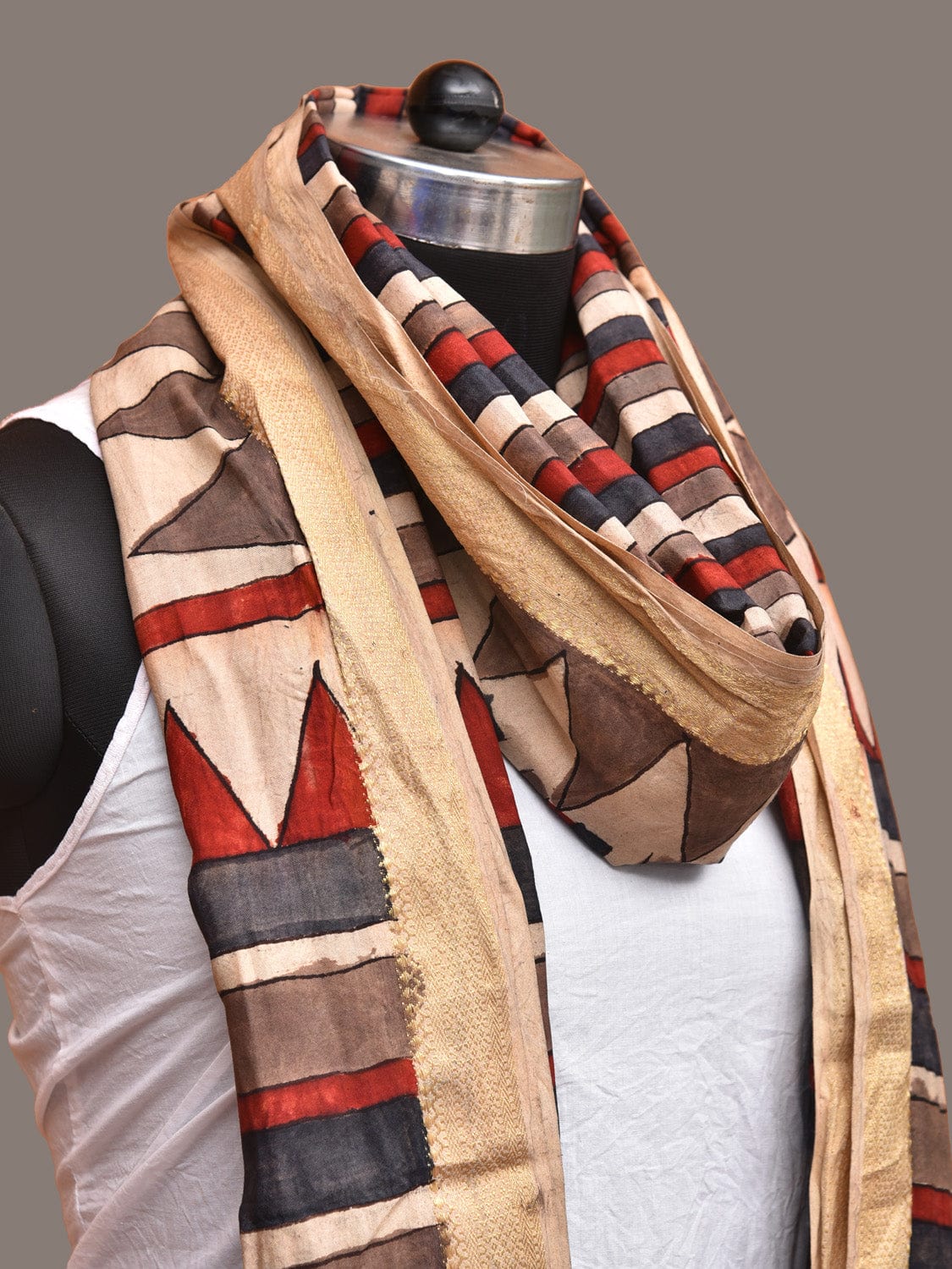 Multicolor Kalamkari Hand Painted Sico Handloom Dupatta with Strips Design - Global Threads | Swadesiicart